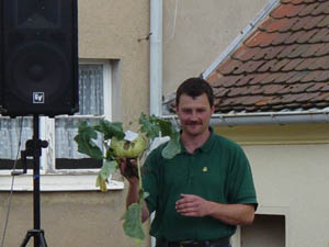 Mann in grünem Hemd mit Kohlrabi neben Lautsprecher auf einem Festplatz