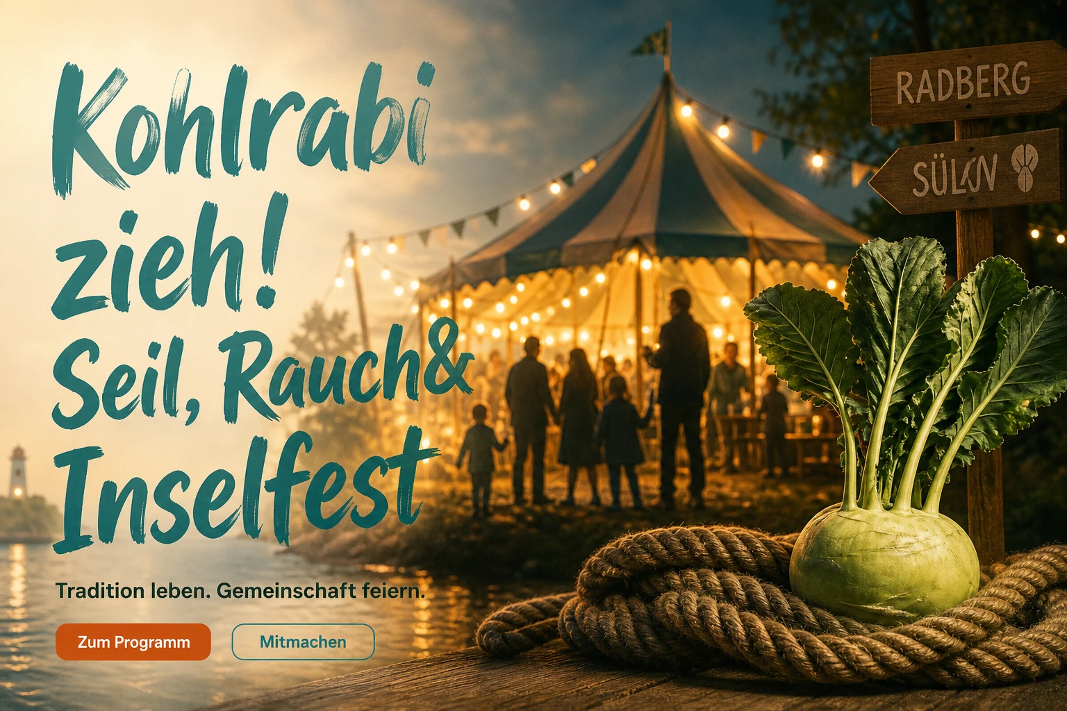 Festzelt auf der Kohlrabi-Insel bei Abenddämmerung